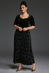 Curveins Plus Size V-Neck Long Sleeves Fitted Waist Floral Patchwork Maxi Dress