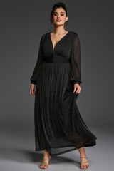 Curveins Plus Size V-Neck Lantern Sleeve Slit Hem Maxi Dress