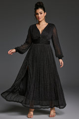 Curveins Plus Size V-Neck Lantern Sleeve Slit Hem Maxi Dress
