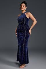 Curveins Plus Size Spaghetti Strap Sleeveless Chain Waist Bodycon Velvet Maxi Dress