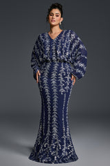 Curveins Plus Size V-Neck Vertical Sequin Bodycon Maxi Dress Elegant Evening Wear