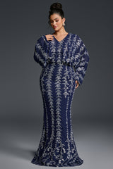 Curveins Plus Size V-Neck Vertical Sequin Bodycon Maxi Dress Elegant Evening Wear