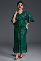 Curveins Plus Size Solid Color V-Neck High Waist Sequin Maxi Dress