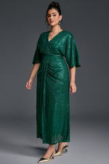 Curveins Plus Size Solid Color V-Neck High Waist Sequin Maxi Dress