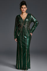 Curveins Plus Size V-Neck Long Sleeve Spider Web Sequin Bodycon Maxi Dress