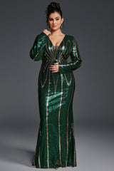 Curveins Plus Size V-Neck Long Sleeve Spider Web Sequin Bodycon Maxi Dress