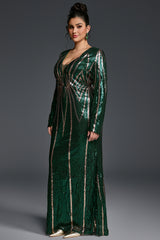 Curveins Plus Size V-Neck Long Sleeve Spider Web Sequin Bodycon Maxi Dress
