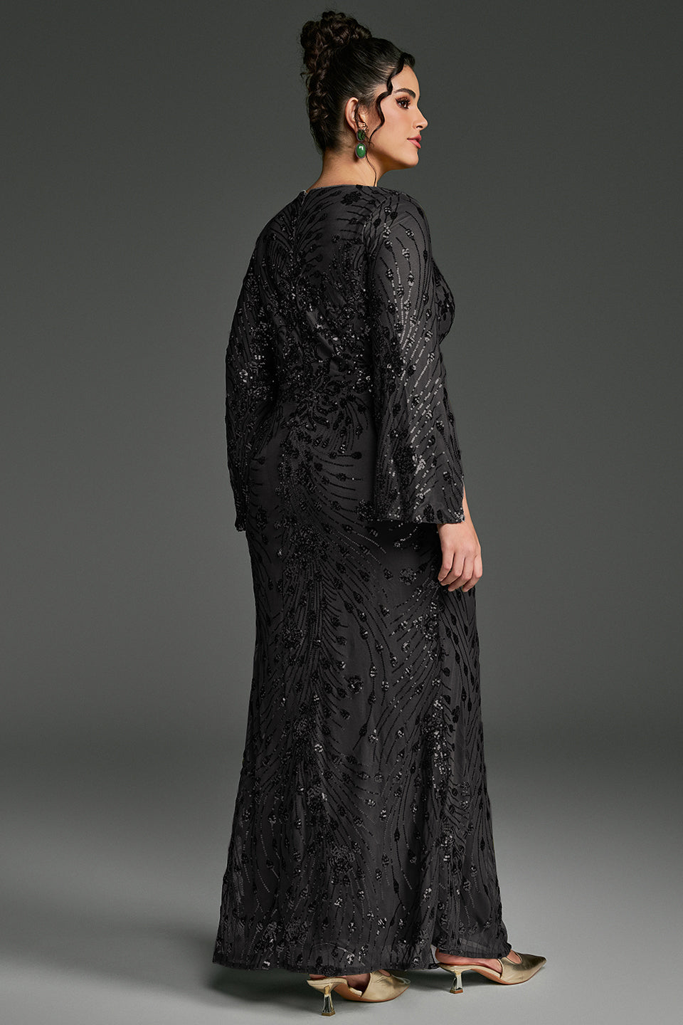 Curveins Plus Size V-Neck Long Sleeves Sequin Floral Bodycon Maxi Dress