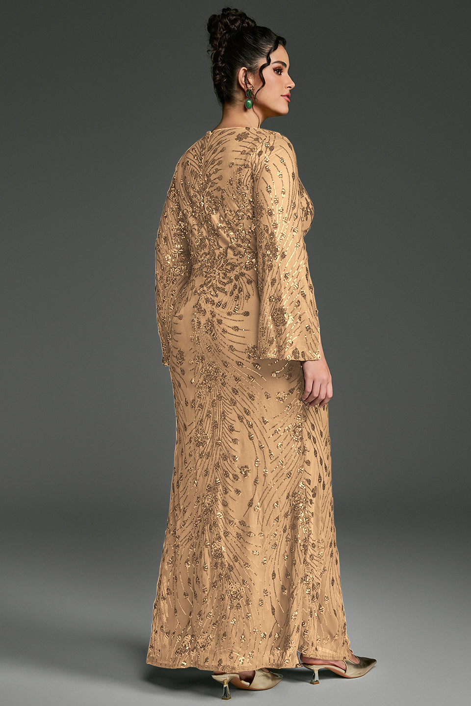 Curveins Plus Size V-Neck Long Sleeves Sequin Floral Bodycon Maxi Dress