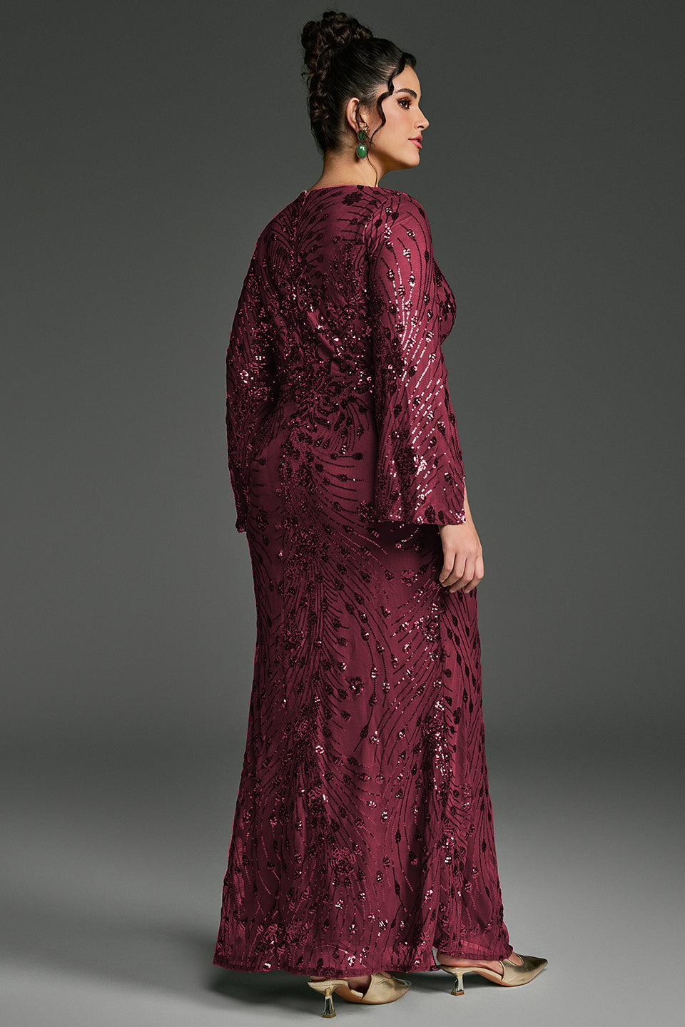 Curveins Plus Size V-Neck Long Sleeves Sequin Floral Bodycon Maxi Dress