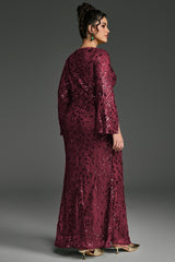 Curveins Plus Size V-Neck Long Sleeves Sequin Floral Bodycon Maxi Dress