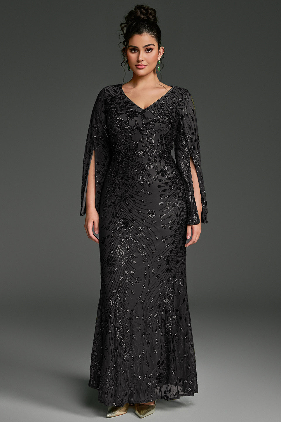 Curveins Plus Size V-Neck Long Sleeves Sequin Floral Bodycon Maxi Dress