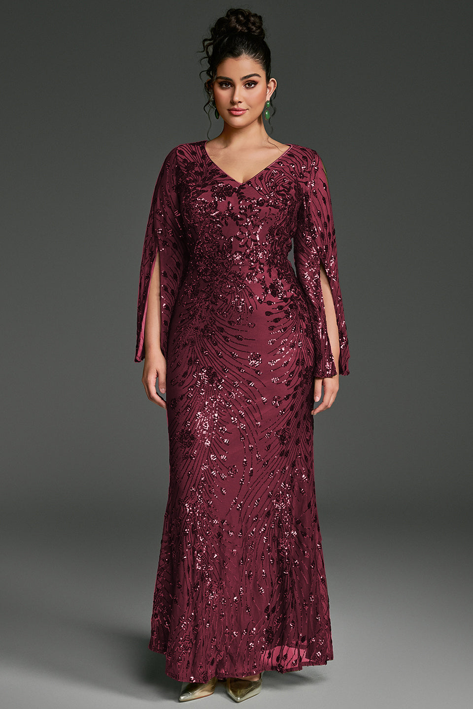 Curveins Plus Size V-Neck Long Sleeves Sequin Floral Bodycon Maxi Dress