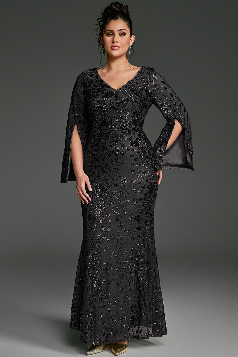 Curveins Plus Size V-Neck Long Sleeves Sequin Floral Bodycon Maxi Dress