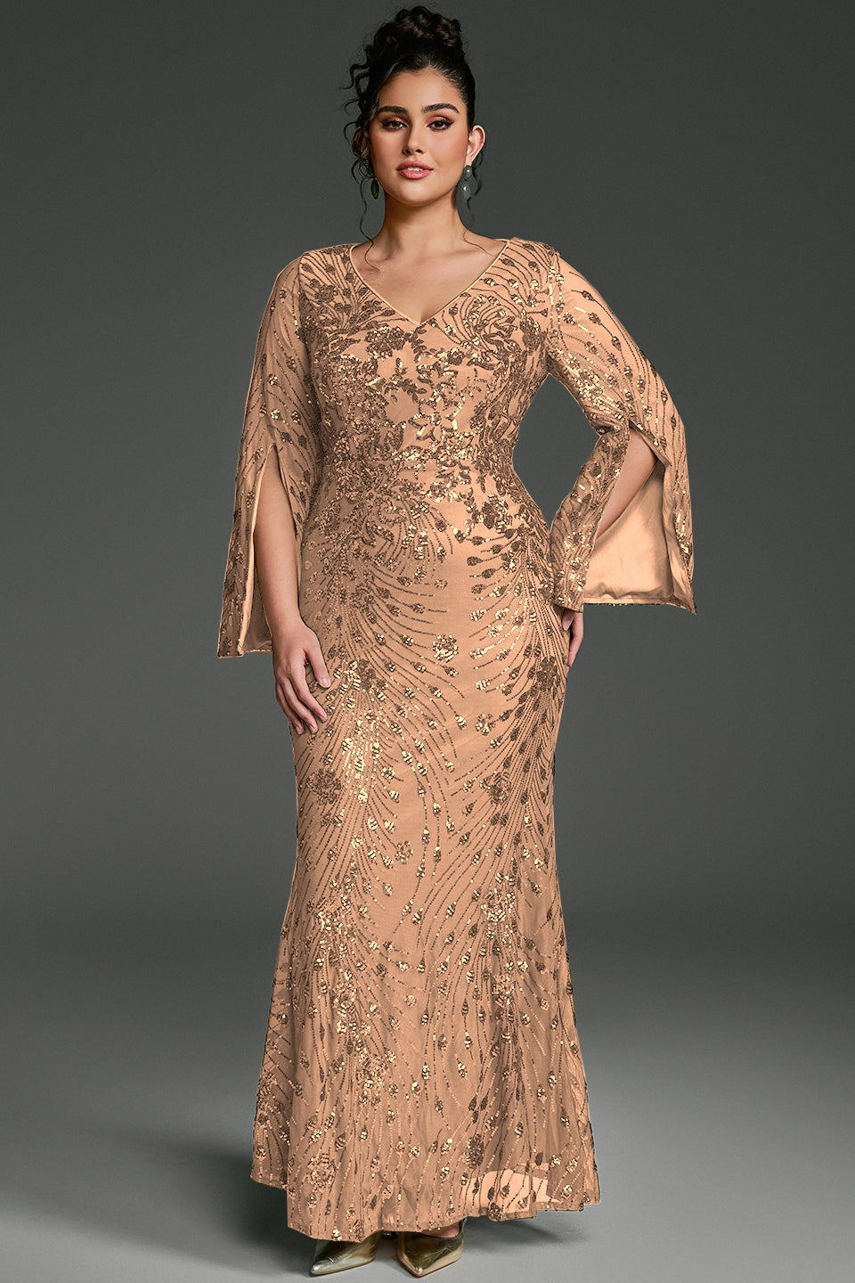 Curveins Plus Size V-Neck Long Sleeves Sequin Floral Bodycon Maxi Dress