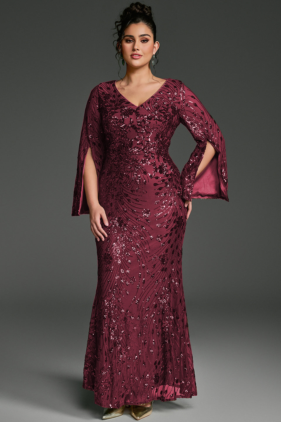 Curveins Plus Size V-Neck Long Sleeves Sequin Floral Bodycon Maxi Dress