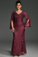 Curveins Plus Size V-Neck Long Sleeves Sequin Floral Bodycon Maxi Dress