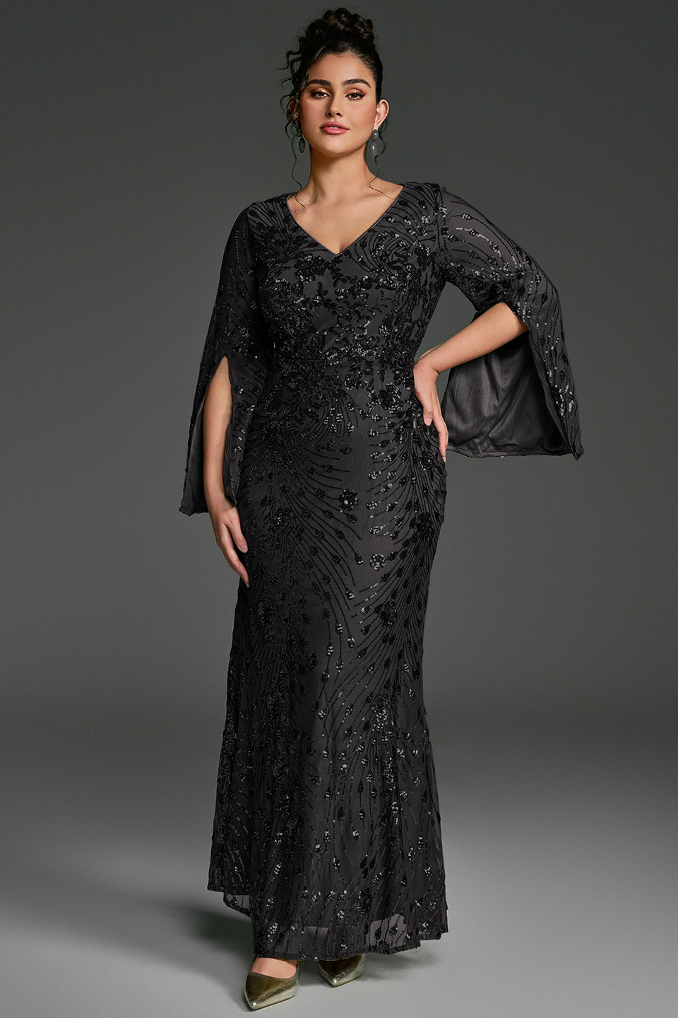 Curveins Plus Size V-Neck Long Sleeves Sequin Floral Bodycon Maxi Dress