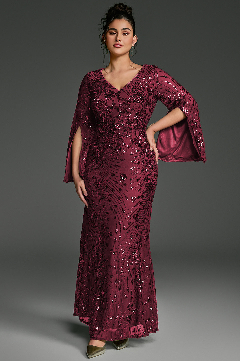 Curveins Plus Size V-Neck Long Sleeves Sequin Floral Bodycon Maxi Dress