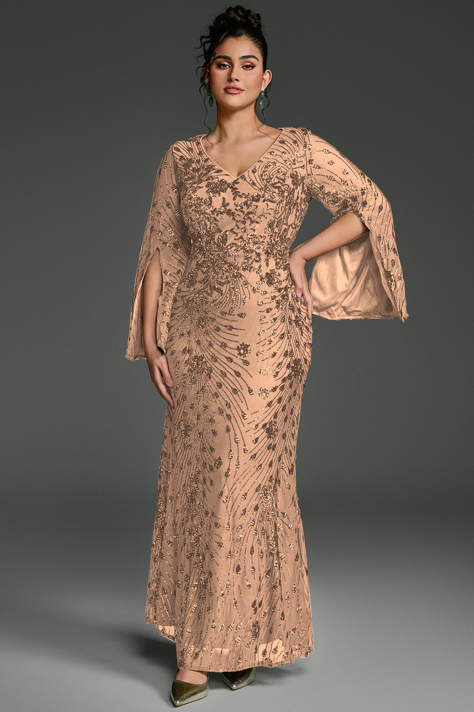 Curveins Plus Size V-Neck Long Sleeves Sequin Floral Bodycon Maxi Dress