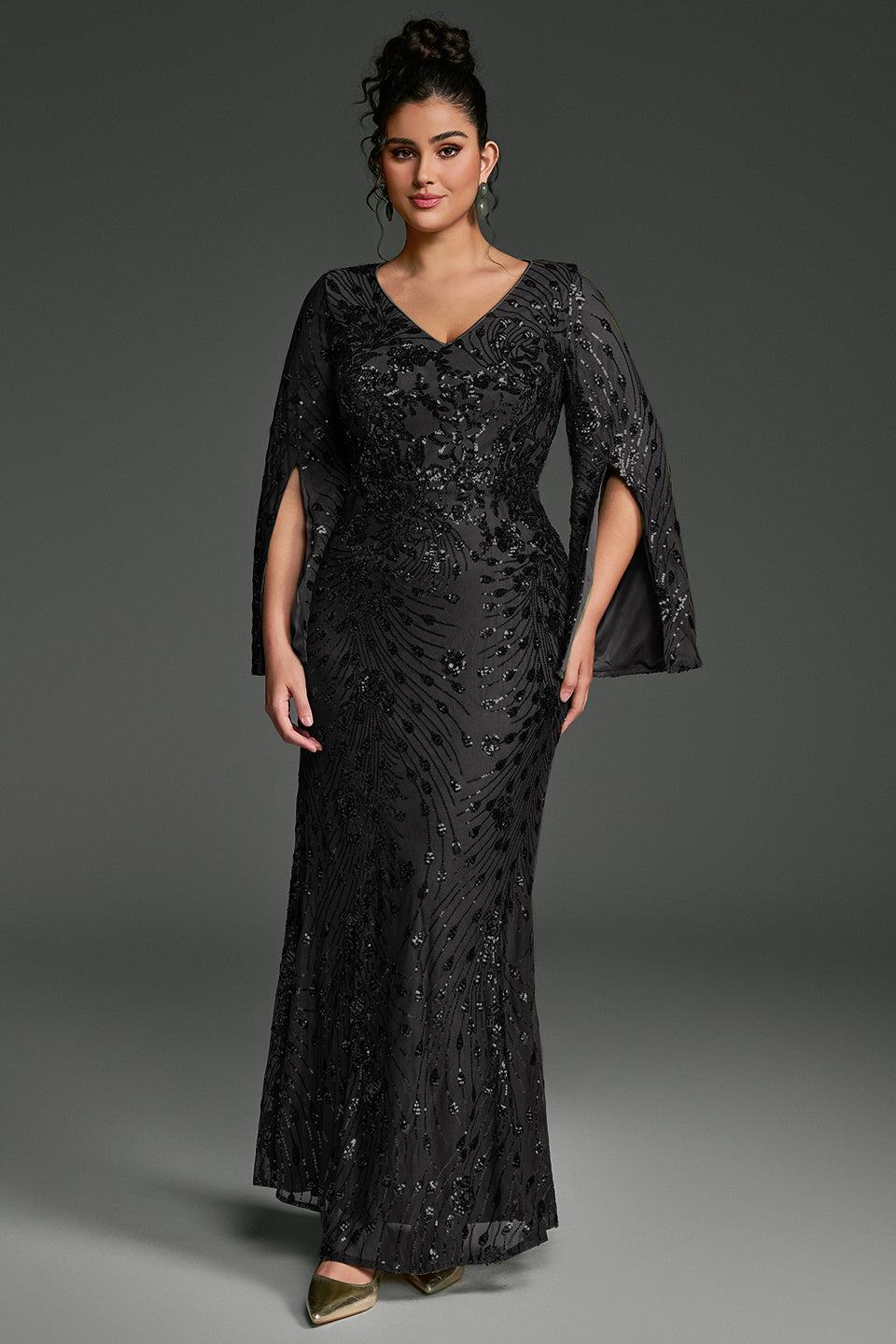 Curveins Plus Size V-Neck Long Sleeves Sequin Floral Bodycon Maxi Dress