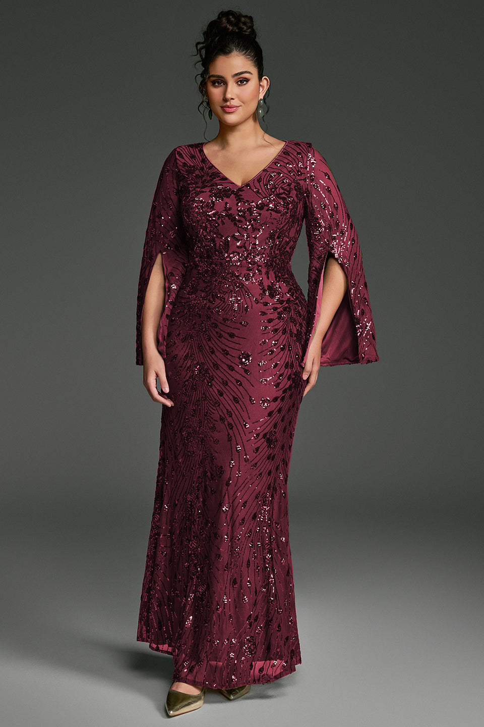 Curveins Plus Size V-Neck Long Sleeves Sequin Floral Bodycon Maxi Dress