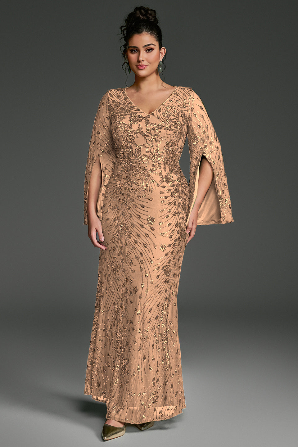 Curveins Plus Size V-Neck Long Sleeves Sequin Floral Bodycon Maxi Dress