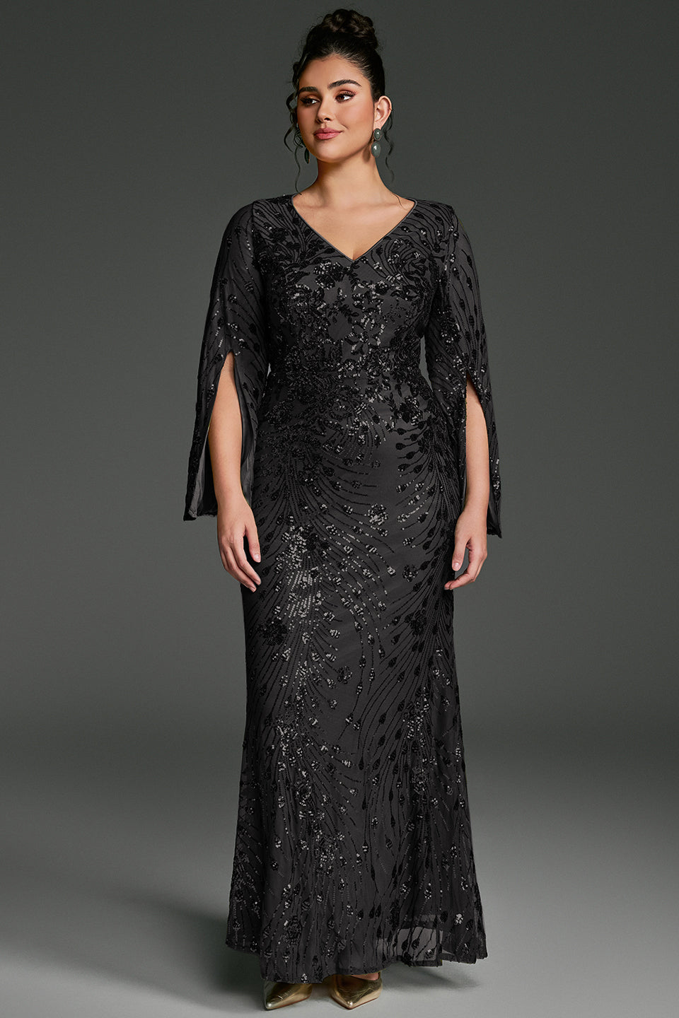 Curveins Plus Size V-Neck Long Sleeves Sequin Floral Bodycon Maxi Dress