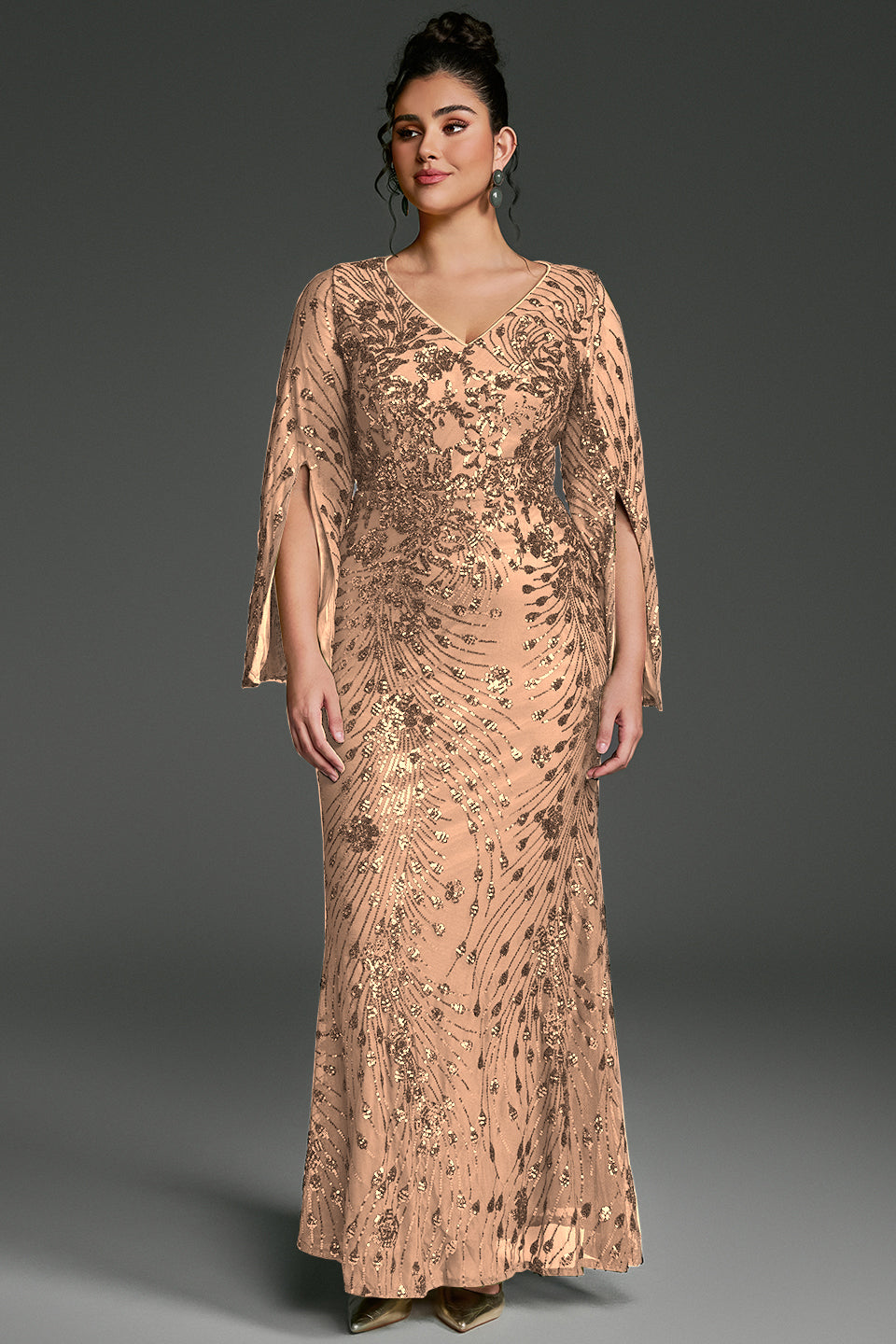 Curveins Plus Size V-Neck Long Sleeves Sequin Floral Bodycon Maxi Dress