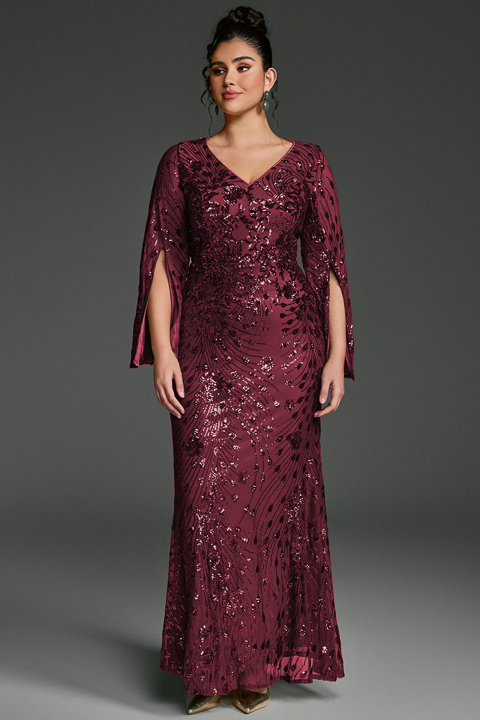 Curveins Plus Size V-Neck Long Sleeves Sequin Floral Bodycon Maxi Dress