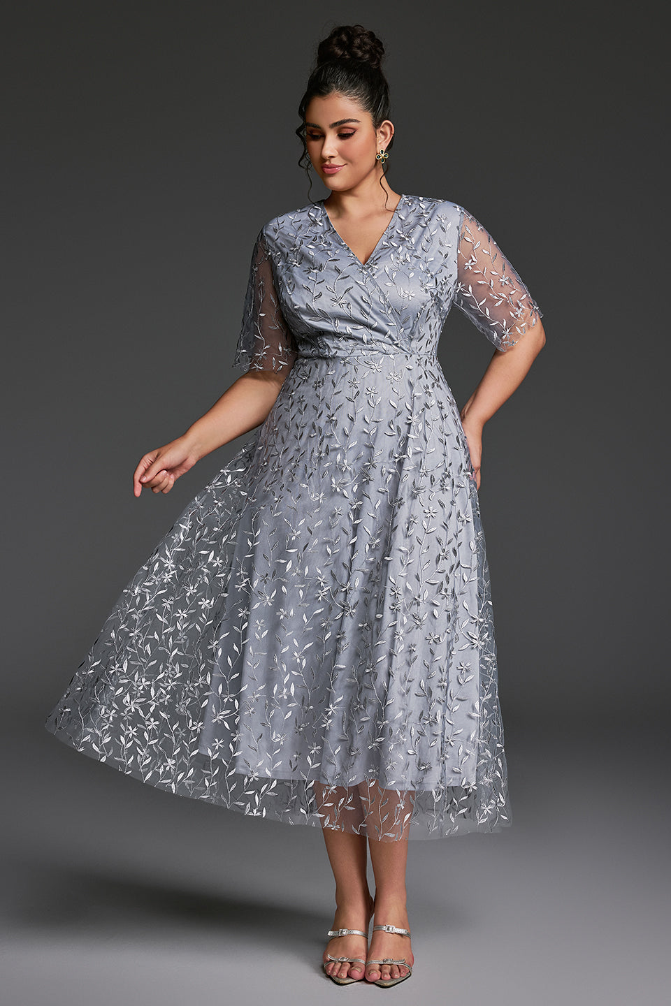 Curveins Plus Size V-Neck Ruffle Sleeve Embroidered Maxi Dress