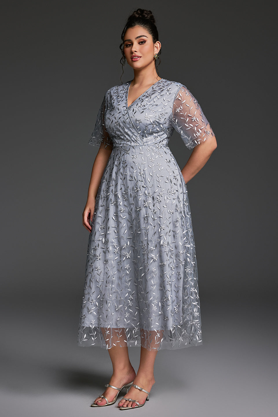 Curveins Plus Size V-Neck Ruffle Sleeve Embroidered Maxi Dress