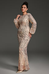 Curveins Plus Size Round Neck Puff Sleeve Striped Sequin Bodycon Maxi Dress
