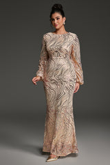 Curveins Plus Size Round Neck Puff Sleeve Striped Sequin Bodycon Maxi Dress