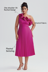 Curveins Plus Size Slimming Asymmetric One-Shoulder Ruffle Trim Pleated Dress