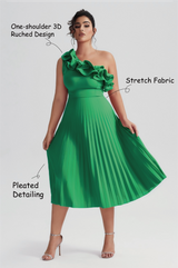 Curveins Plus Size Slimming Asymmetric One-Shoulder Ruffle Trim Pleated Dress