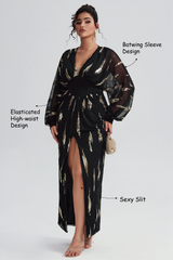 Curveins Plus Size V Neck Sequins Lantern Sleeve Slit Mesh Dress