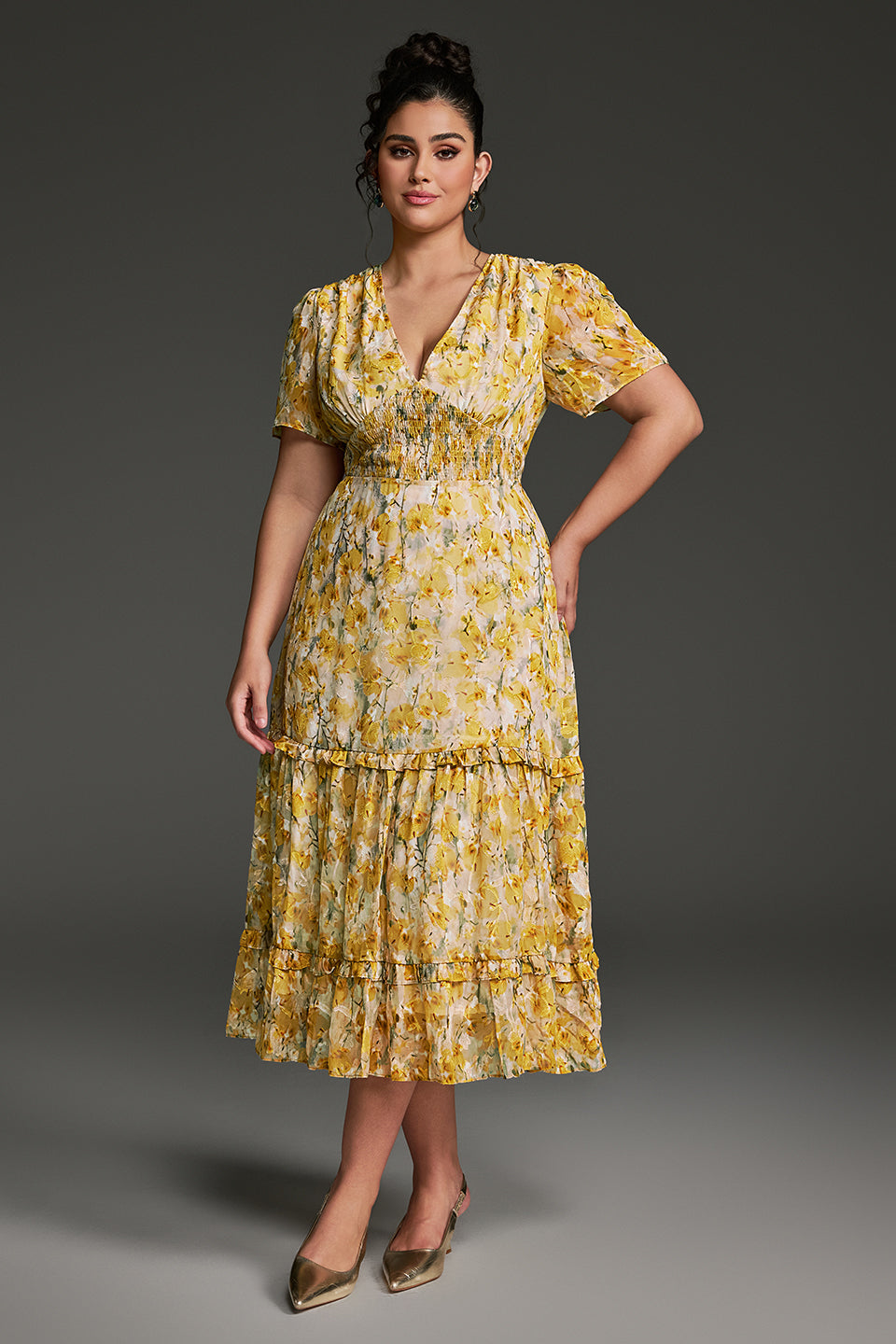 Curveins Plus Size V-Neck Floral Ruffle Sleeve Maxi Dress