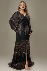 Curveins Chic Plus Size V-Neck Split Hem Sequin Lantern Sleeve Dress