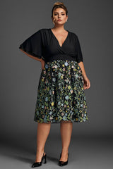 Curveins Plus Size Ruffle Sleeve V-Neck Embroidered Midi Dress