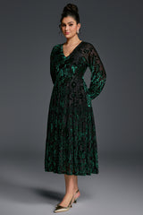 Curveins Plus Size V-Neck Flowy Bell Sleeves Pleated Velvet Maxi Dress