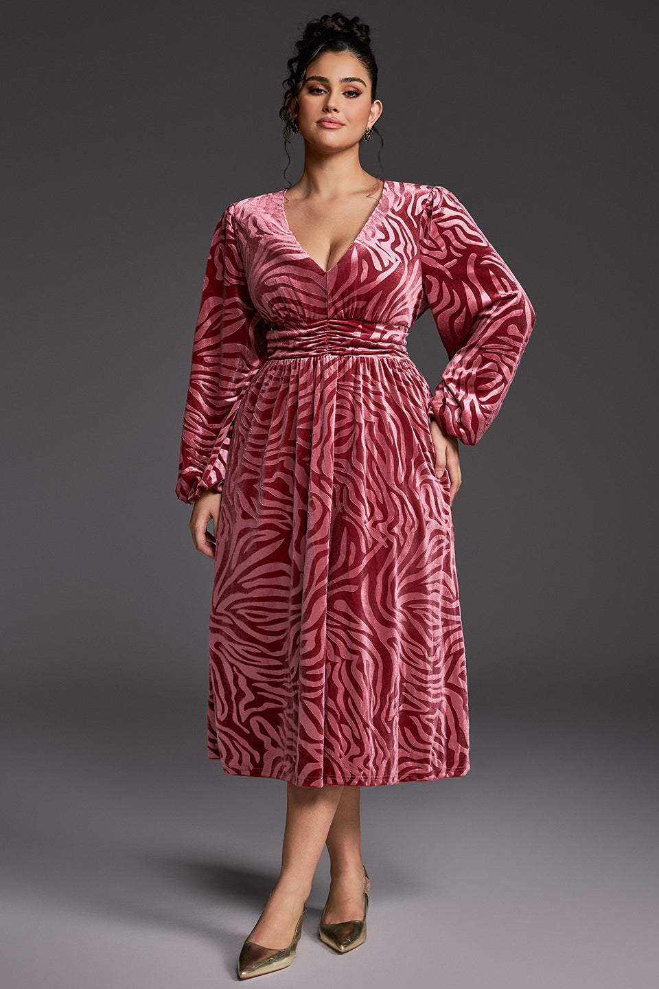 Curveins Plus Size V-Neck Long Sleeves Floral Midi Dress
