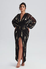 Curveins Plus Size Lantern Sleeve Slit Mesh Dress -Burgundy