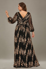 Curveins Plus Size Sequin V-Neck Lantern Sleeve Formal Party Maxi Dress