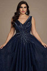 Curveins Elegant Plus Size V-Neck Sleeveless Glitter Pleated Evening Gown
