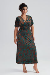 Curveins Plus Size Velvet Surplice Vintage Plain Maxi Dress