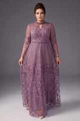 Curveins Plus Size Stand Collar Long Sleeve Floral Beaded Elegant Maxi Dress