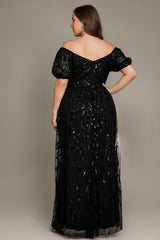 Curveins Plus Size Short Sleeve Embroidered Sequin Puff Sleeve Elegant Maxi Dress