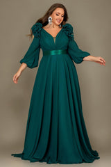 Curveins Plus Size Elegant V-Neck Batwing Sleeve Waist-Hugging Long Dress