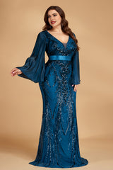 Curveins Plus Size V-Neck Flared Sleeve Shimmer Bodycon Maxi Dress